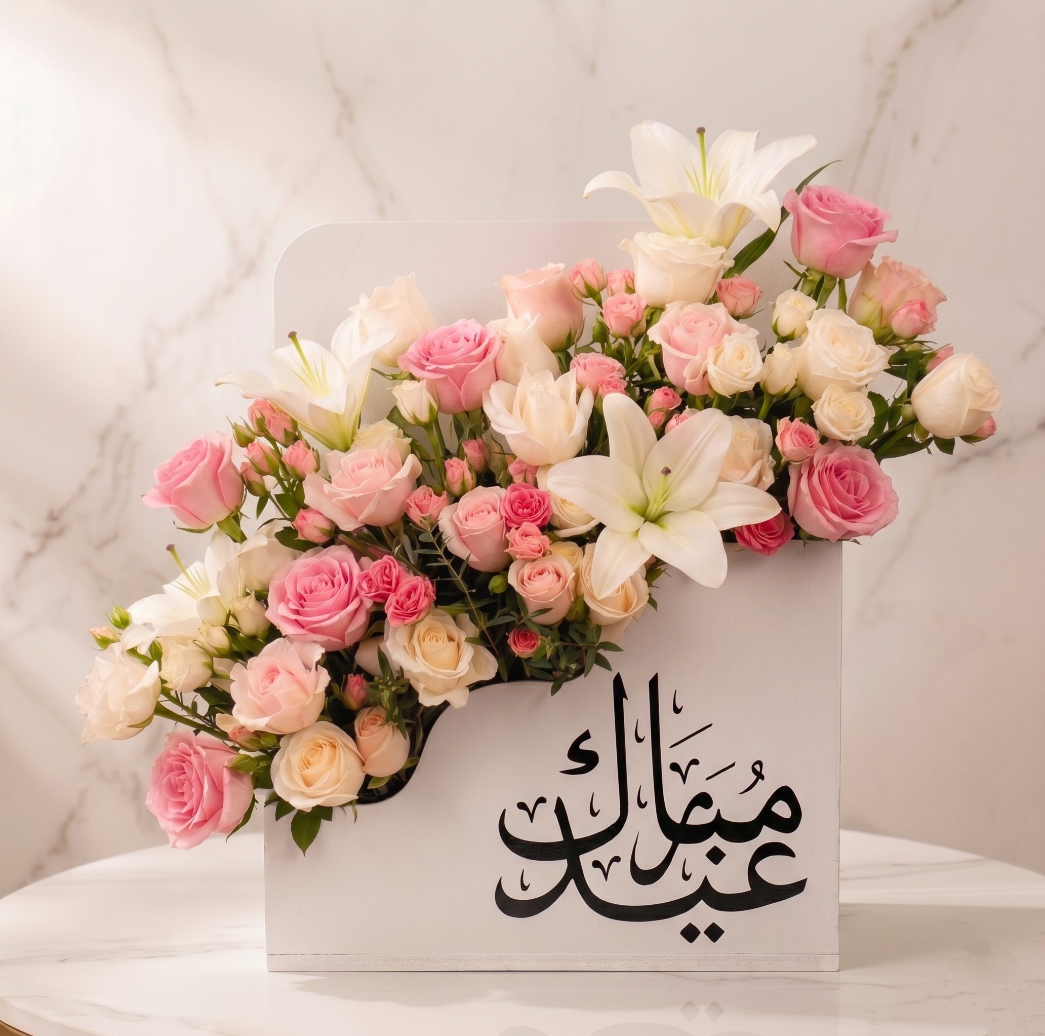 صندوق فاخر زنابق وزهور مشكلة عيد مبارك