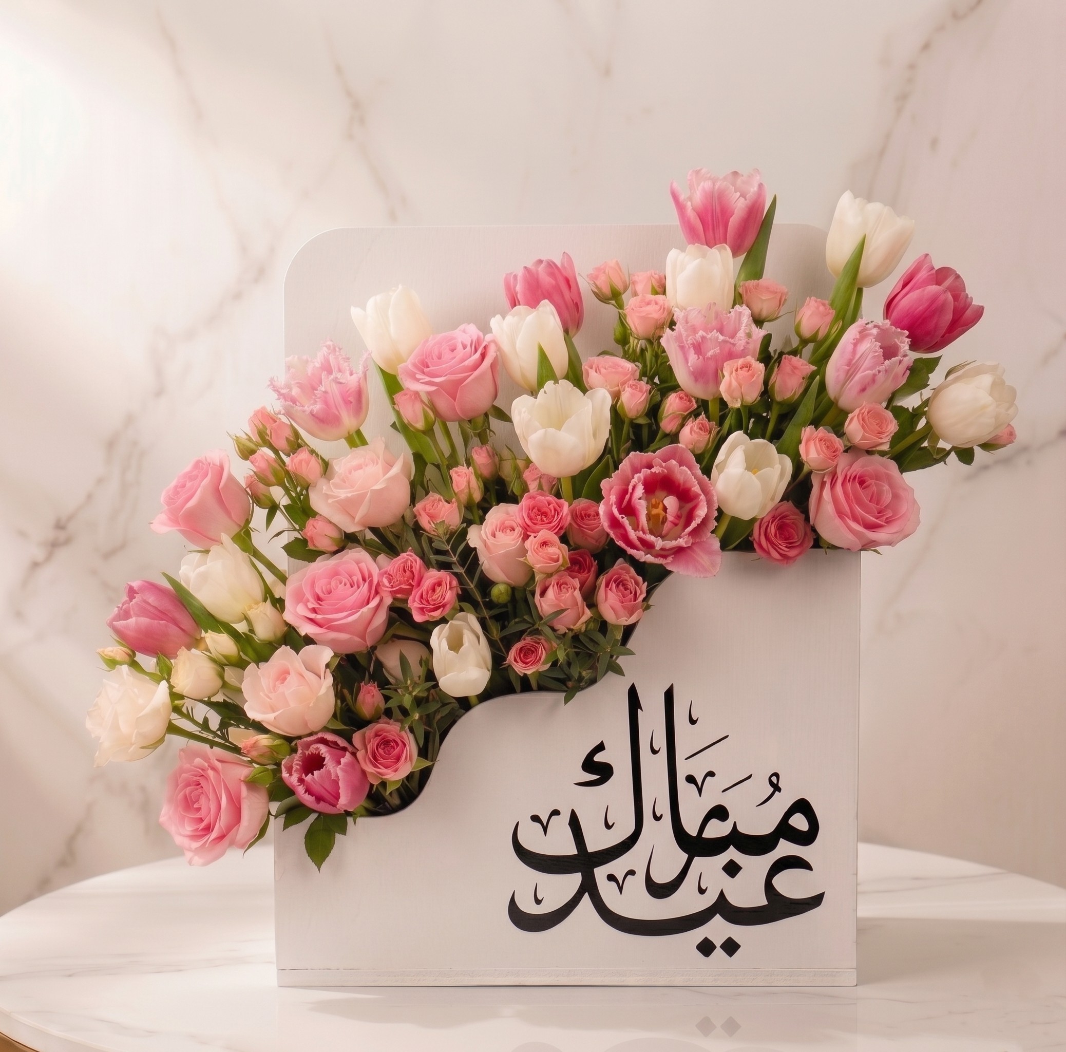 صندوق فاخر توليب وزهور مشكلة عيد مبارك