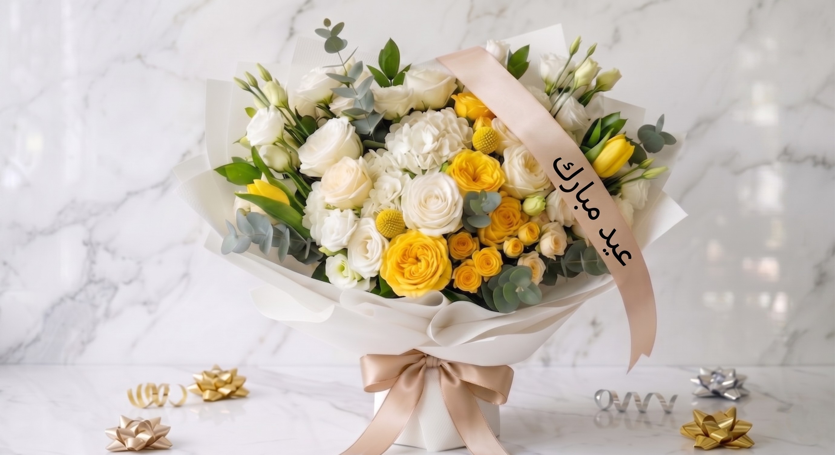 باقة أبيض وأصفر خاصة عيد مبارك