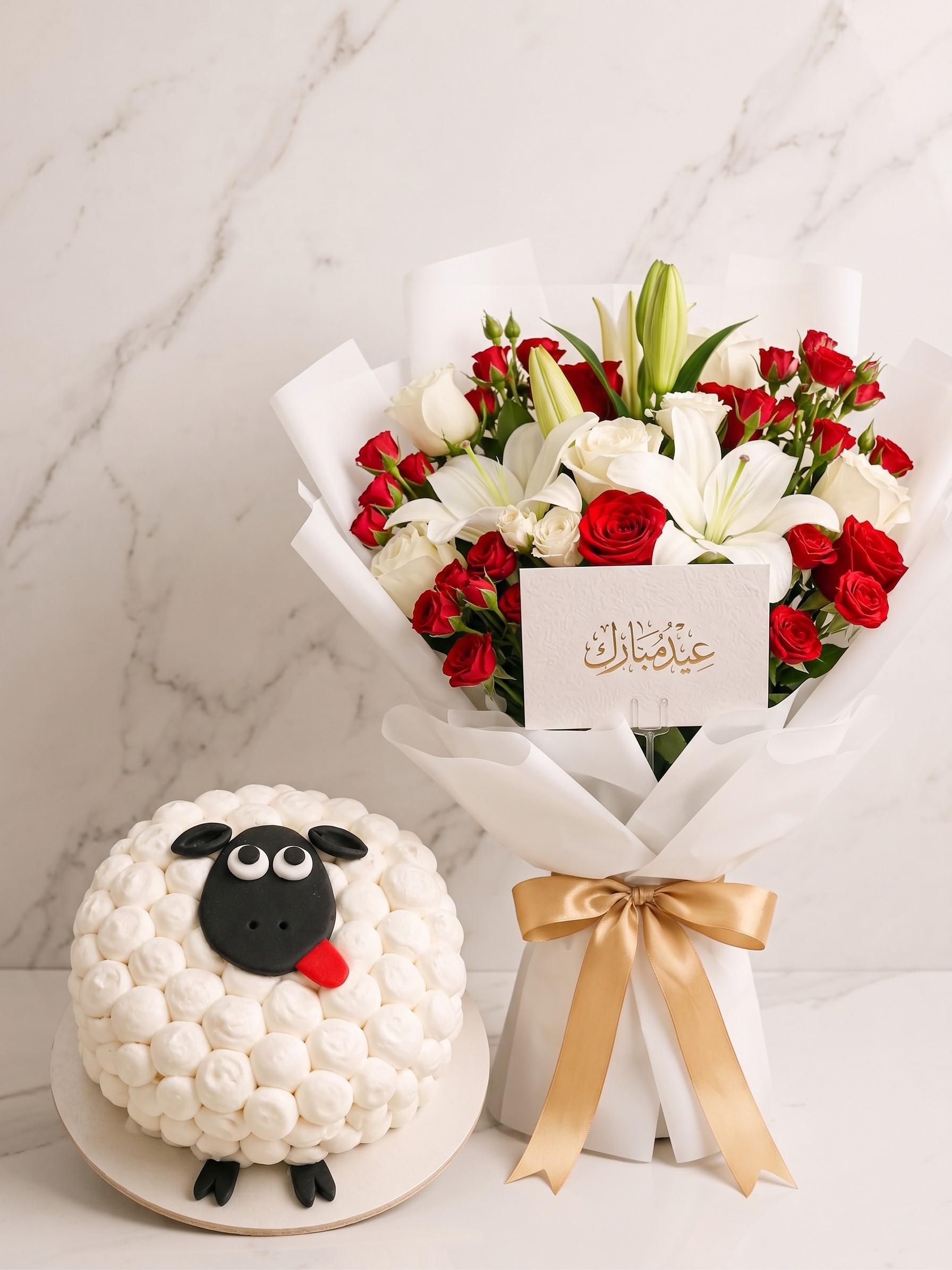 كيك بطابع خروف العيد مع بوكيه أحمر وأبيض