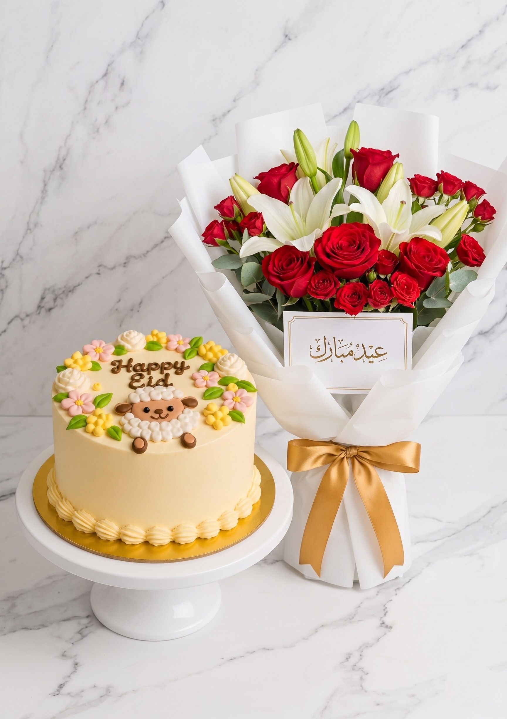 كيك خاص بالعيد مع بوكيه زهور رائع