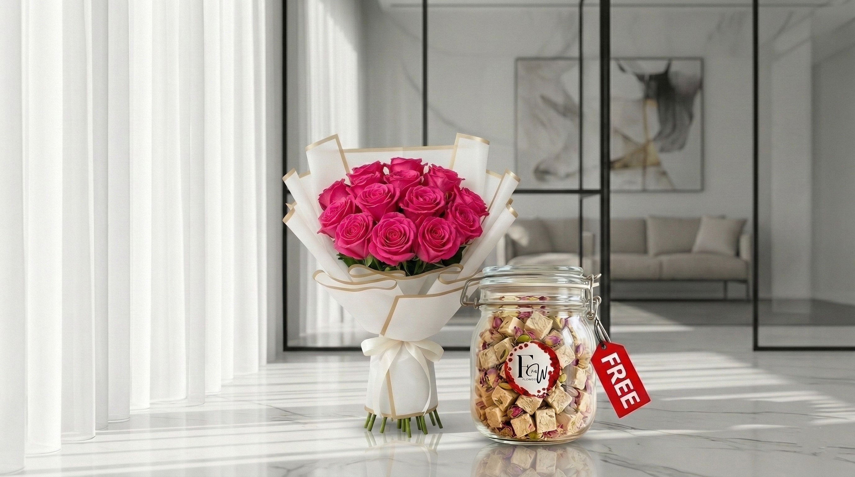 باقة ورد فوشيا مع رهاش مجاني رقم 318